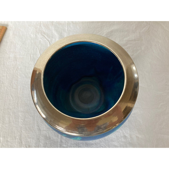 Vintage Handmade Studio Pottery Blue Round Circular Vase Signed Silver Band Rim - Picture 4 of 8